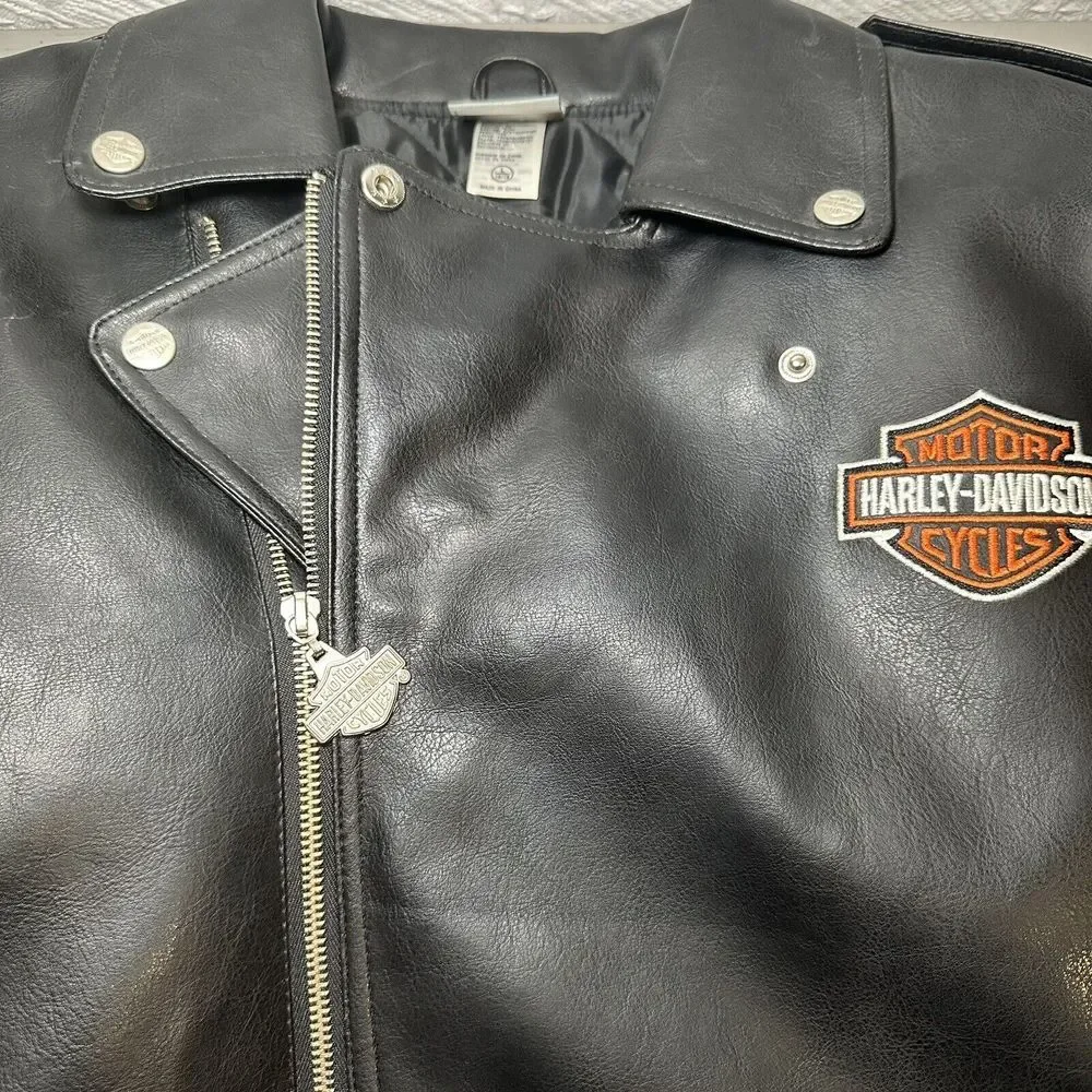 00s Harley Davidson Motor Cycles Faux Leather Motor Cycle Jacket Sz L 16-18 kids